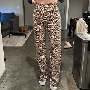 Pull&Bear Brown Checkered Women's Straight Leg Pants